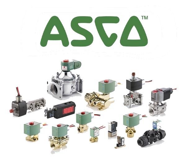 A collection of various industrial ASCO valves and components with the logo "ASCO" displayed prominently at the top of the image.